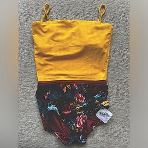 Details By Donna, Yellow Ribbed Crop Top With Floral Velvet Bottoms